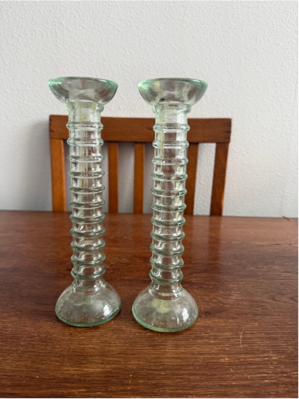 Modern Clear Glass Candlestick Holders Pair Ribbed Column Design 10” Tall Home D